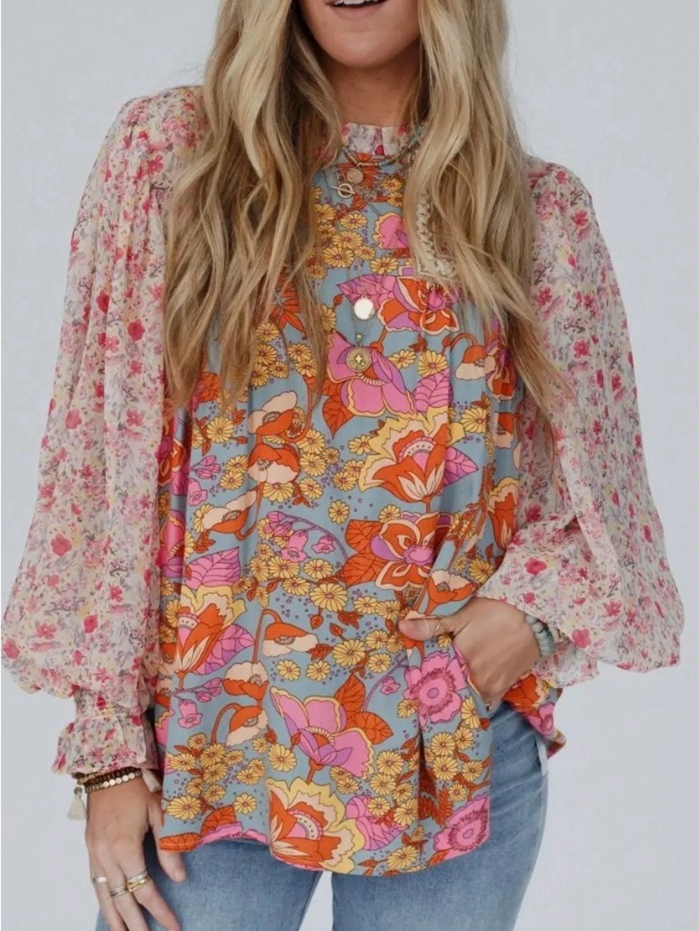 JODIFL Blue Floral Mixed-Print Blouse with Pink & Orange Accents